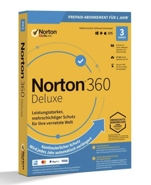 Norton 360 Deluxe, 25 Go de sauvegarde dans le nuage, 3 appareils 1 an