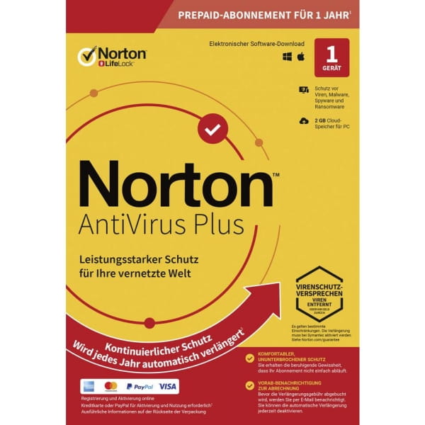 Symantec Norton Antivirus Plus, backup em nuvem de 2 GB, 1 dispositivo de usuário 1, licença anual de 12 MO, download
