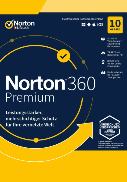 Norton 360 Premium, 75 GB Cloud-Backup, 10 Geräte 1 Jahr KEIN ABO