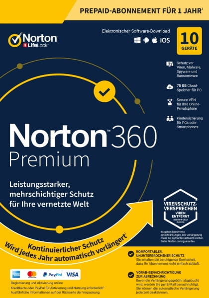 Symantec Norton 360 Premium, 75 GB de backup em nuvem, 1 usuário 10 dispositivos, 12 meses licença anual, download