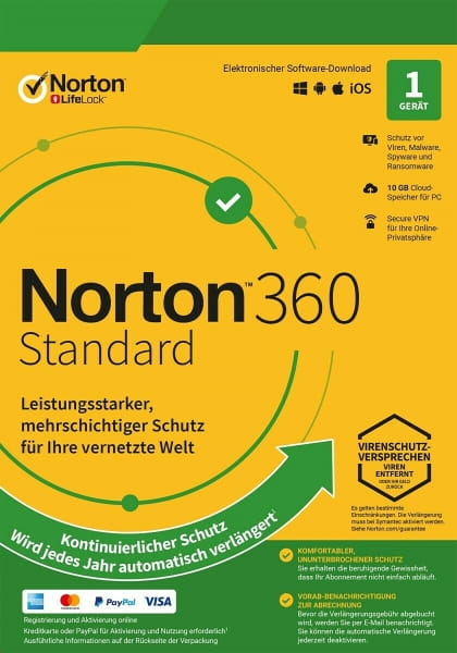 Norton 360 Standard, 10 GB cloud backup, 1 device 1 year NO SUBSCRIPTION