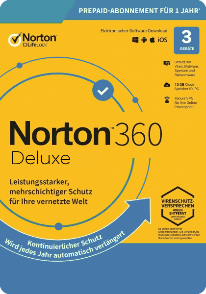 Symantec Norton 360 Deluxe, 25 GB cloud backup, 1 user 3 devices, 12 MO annual license, download