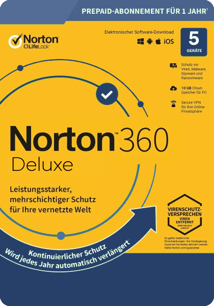 Norton 360 Deluxe, 50 GB de cópia de segurança na nuvem 5 dispositivos 1 ano